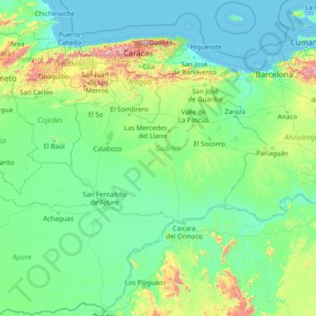 Mapa topográfico Guárico, altitud, relieve