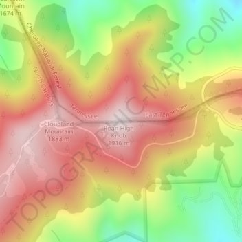 Mapa topográfico Roan Mountain, altitud, relieve