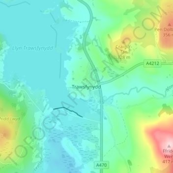 Mapa topográfico Trawsfynydd, altitud, relieve