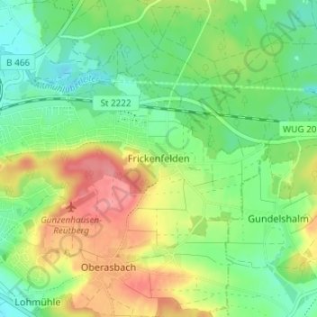 Mapa topográfico Frickenfelden, altitud, relieve