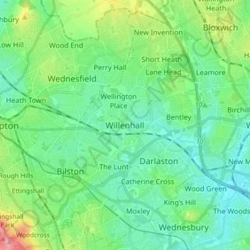 Mapa topográfico Willenhall, altitud, relieve