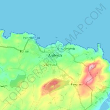 Mapa topográfico Amlwch, altitud, relieve