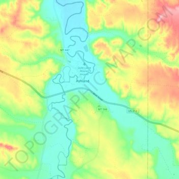 Mapa topográfico Ashland, altitud, relieve