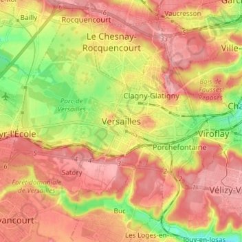 Mapa topográfico Versailles, altitud, relieve