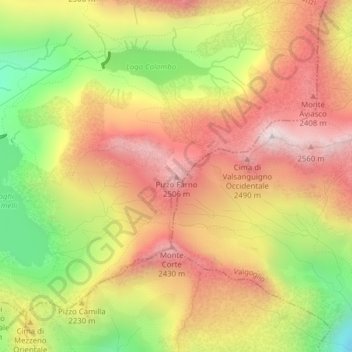 Mapa topográfico Pizzo Farno, altitud, relieve