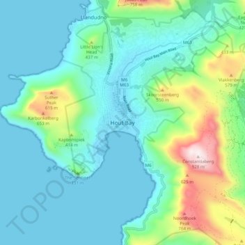 Mapa topográfico Hout Bay, altitud, relieve