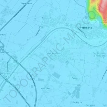 Mapa topográfico Arena Metato, altitud, relieve
