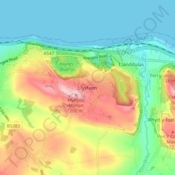 Mapa topográfico Llysfaen, altitud, relieve