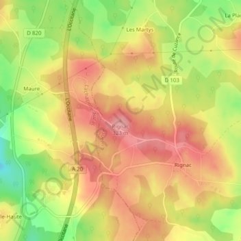 Mapa topográfico Rignac, altitud, relieve