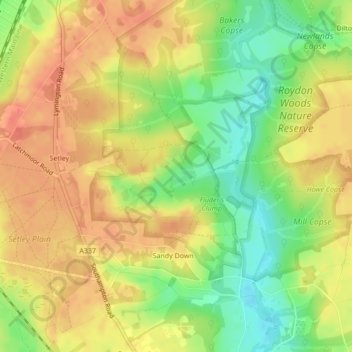 Mapa topográfico Roydon Common, altitud, relieve