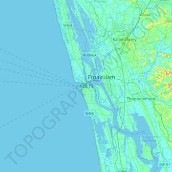 Mapa topográfico Kochi, altitud, relieve