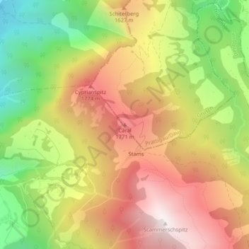 Mapa topográfico Caral, altitud, relieve