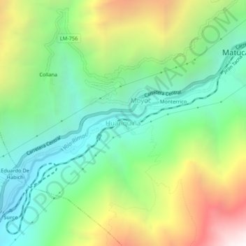 Mapa topográfico Huariquiña, altitud, relieve