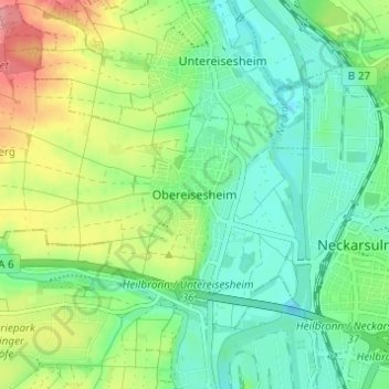 Mapa topográfico Obereisesheim, altitud, relieve