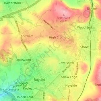 Mapa topográfico Low Crompton, altitud, relieve