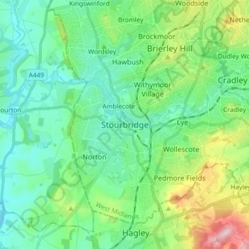 Mapa topográfico Stourbridge, altitud, relieve