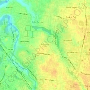 Mapa topográfico Northpointe Hall, altitud, relieve