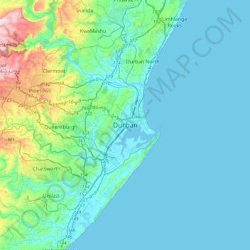 Mapa topográfico Durban, altitud, relieve