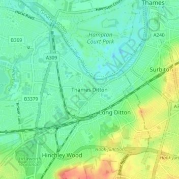 Mapa topográfico Thames Ditton, altitud, relieve