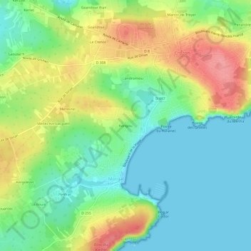 Mapa topográfico Kerigou, altitud, relieve
