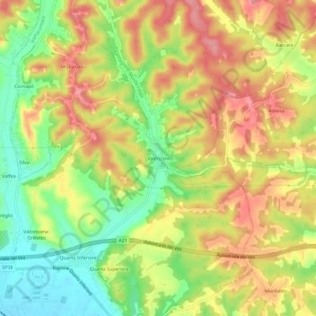 Mapa topográfico Valenzani, altitud, relieve