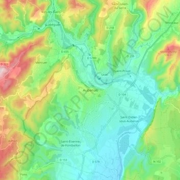 Mapa topográfico Aubenas, altitud, relieve