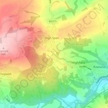 Mapa topográfico Hookergate, altitud, relieve