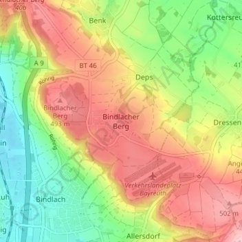 Mapa topográfico Bindlacher Berg, altitud, relieve