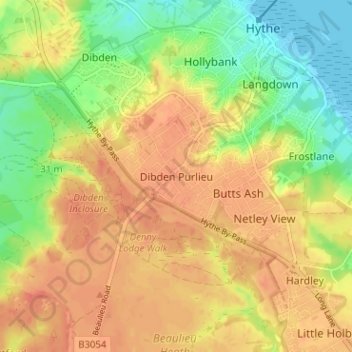 Mapa topográfico Dibden Purlieu, altitud, relieve