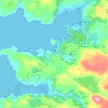 Mapa topográfico Strathan, altitud, relieve