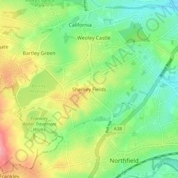 Mapa topográfico Shenley Fields, altitud, relieve