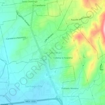 Mapa topográfico San Sebastián Etla, altitud, relieve