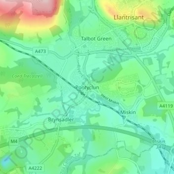 Mapa topográfico Pontyclun, altitud, relieve