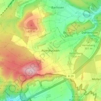 Mapa topográfico Atzenhausen, altitud, relieve