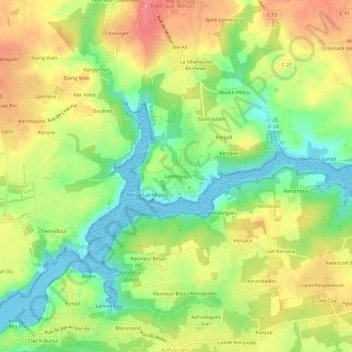 Mapa topográfico Lanneguy, altitud, relieve