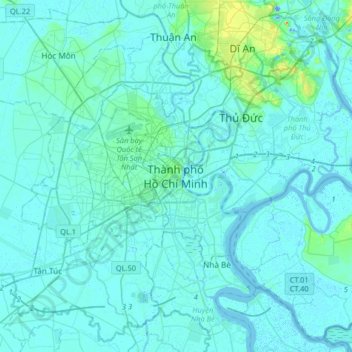 Mapa topográfico Ho-Chi-Minh-Stadt, altitud, relieve