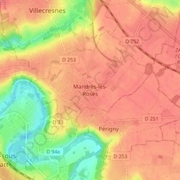Mapa topográfico Mandres-les-Roses, altitud, relieve