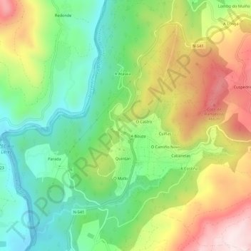 Mapa topográfico O Valiño, altitud, relieve