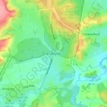Mapa topográfico Frith End, altitud, relieve