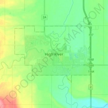 Mapa topográfico High River, altitud, relieve