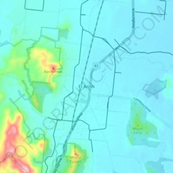 Mapa topográfico El Arish, altitud, relieve