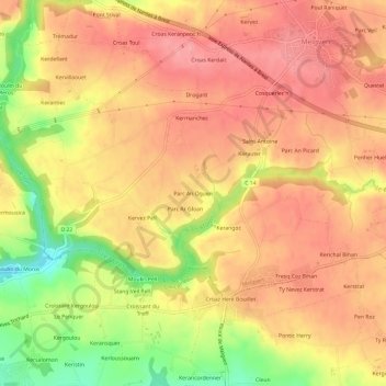 Mapa topográfico Parc An Oguen, altitud, relieve