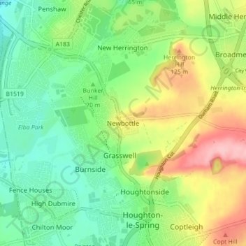 Mapa topográfico Newbottle, altitud, relieve