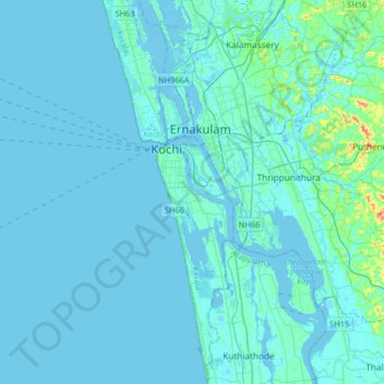 Mapa topográfico Kochi, altitud, relieve