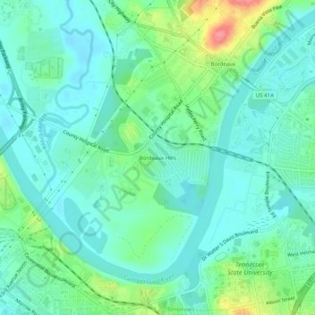 Mapa topográfico Bordeaux Hills, altitud, relieve
