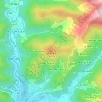 Mapa topográfico Serre de Cabriac, altitud, relieve