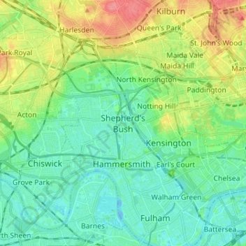 Mapa topográfico Shepherd's Bush, altitud, relieve