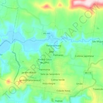 Mapa topográfico Ivoti, altitud, relieve