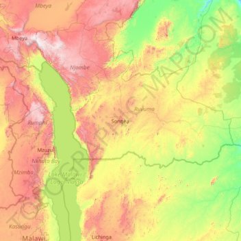 Mapa topográfico Ruvuma, altitud, relieve