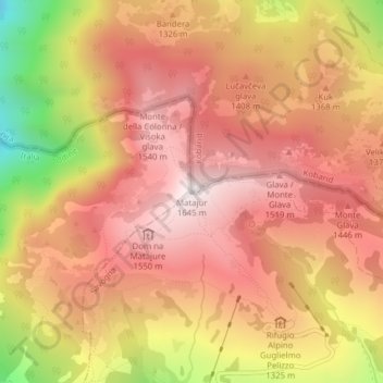 Mapa topográfico Matajur, altitud, relieve